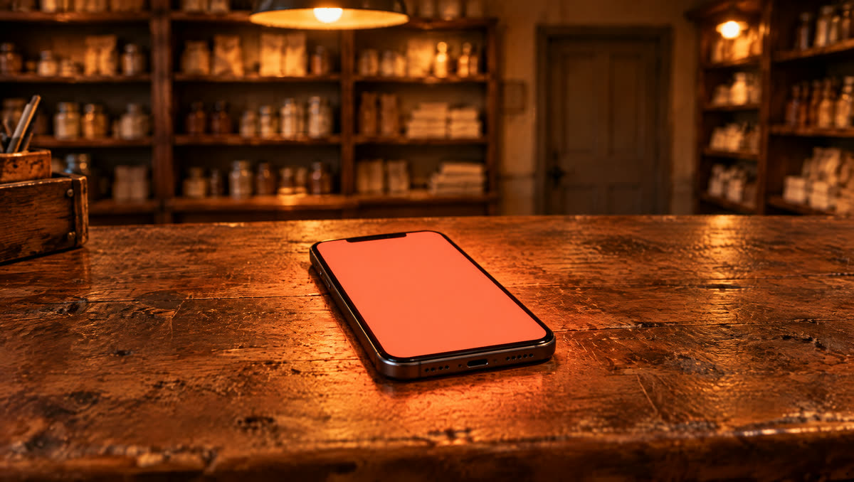 A smartphone with a glowing coral screen lying on the worn wooden counter of a small shop.