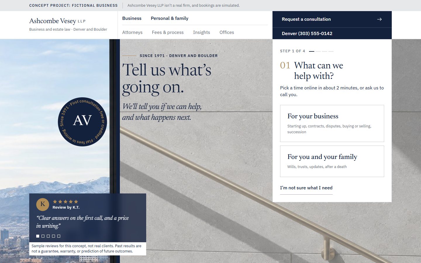 Ashcombe Vesey’s home page on a desktop screen, under a “Concept project: fictional business” banner. The headline “Tell us what’s going on.” sits on a stone wall with a brass handrail. On the left, a window view of towers and mountains and a review card marked as a sample. On the right, the first step of the consultation card.