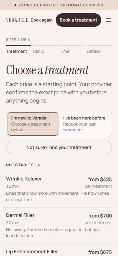 Step 1 of 4 of Veradell’s booking page on a phone: the heading “Choose a treatment”, a choice between “I’m new to Veradell” and “I’ve been here before”, a “Not sure? Find your treatment” button, and a list of injectables with times and starting prices.