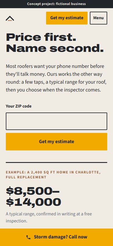 Wrenfield’s estimate section on a phone: the heading “Price first. Name second.”, a ZIP code field, a “Get my estimate” button and an example price range, which is part of the fictional concept.